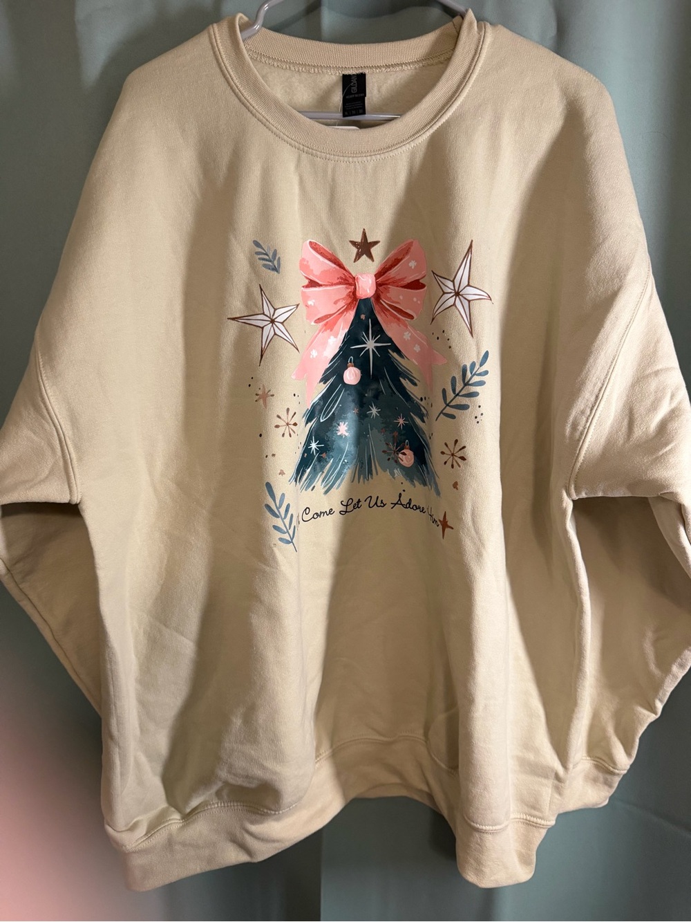 Gildan Cream Sweatshirt with Pink Bow & Green Tree Graphic